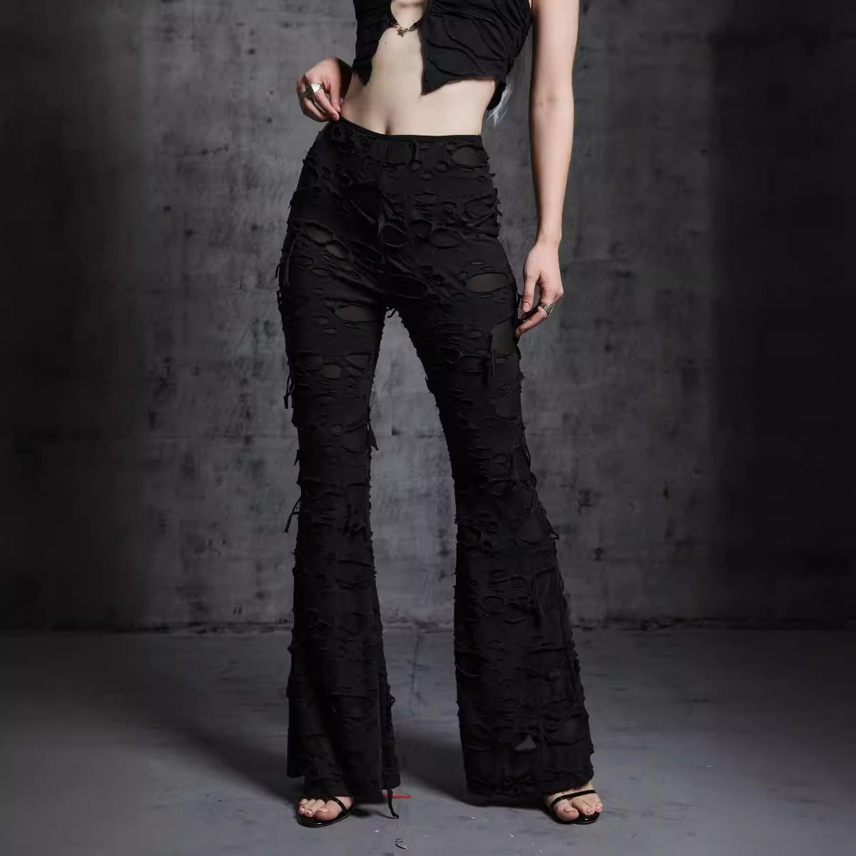 Black Ripped Emo Flare Pants