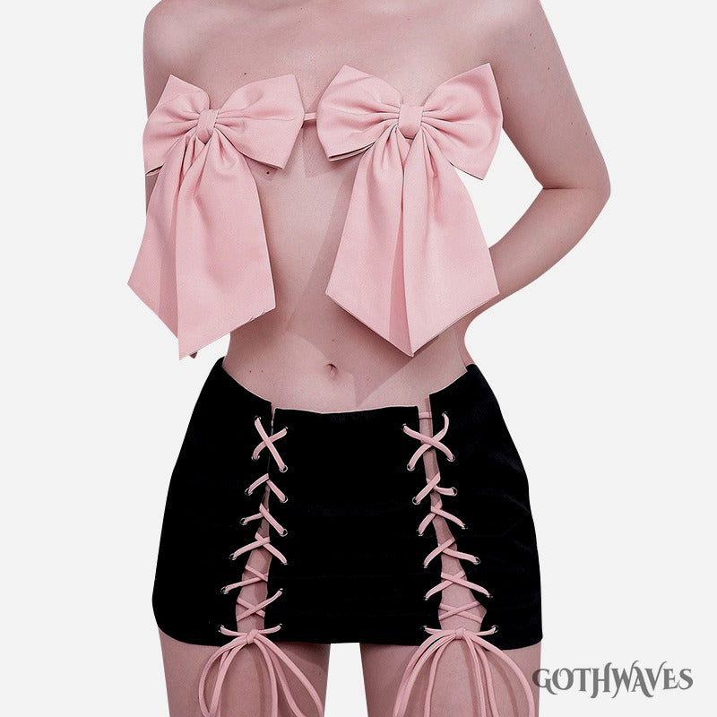 Contrast Pink Lace-up Gothic Miniskirt