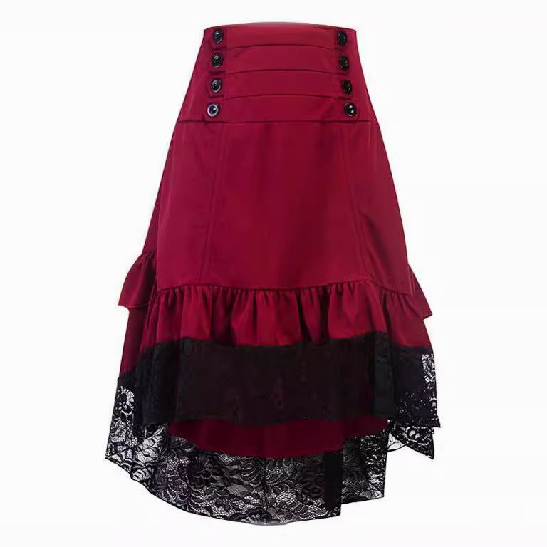 Gothic Lace Button Ruffle Midi Skirt