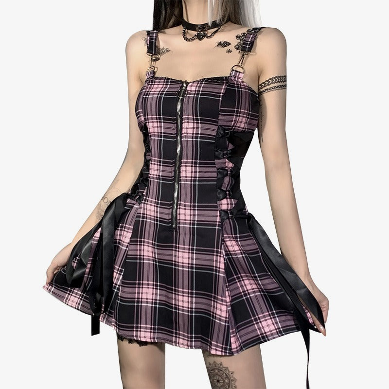 Plaid Stripe Zipper Gothic Fashion Dress