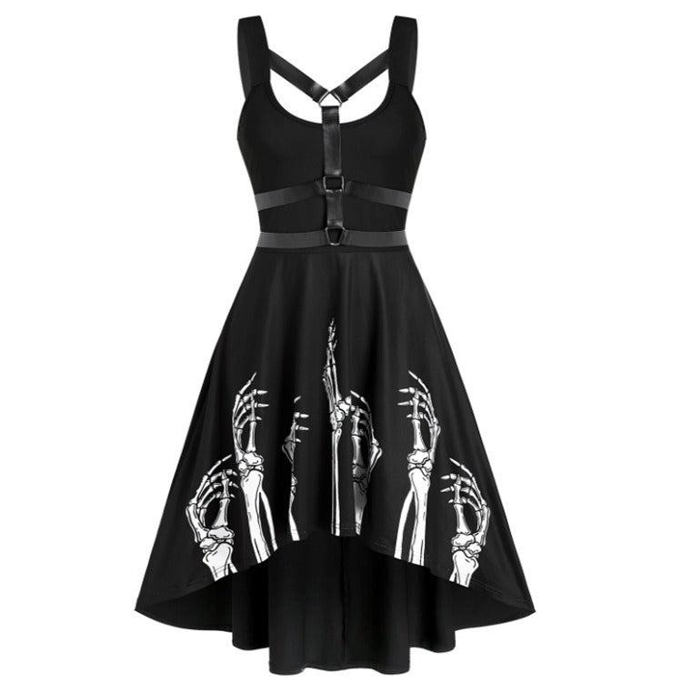 Skeleton Hand Print Punk Suspender Dress